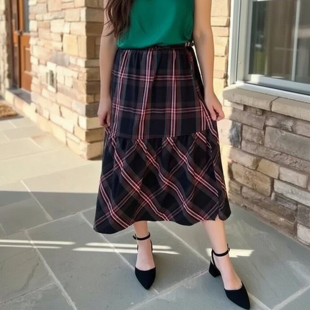 Free Assembly Plaid Midi Skirt High Waist Pockets 4 NWT